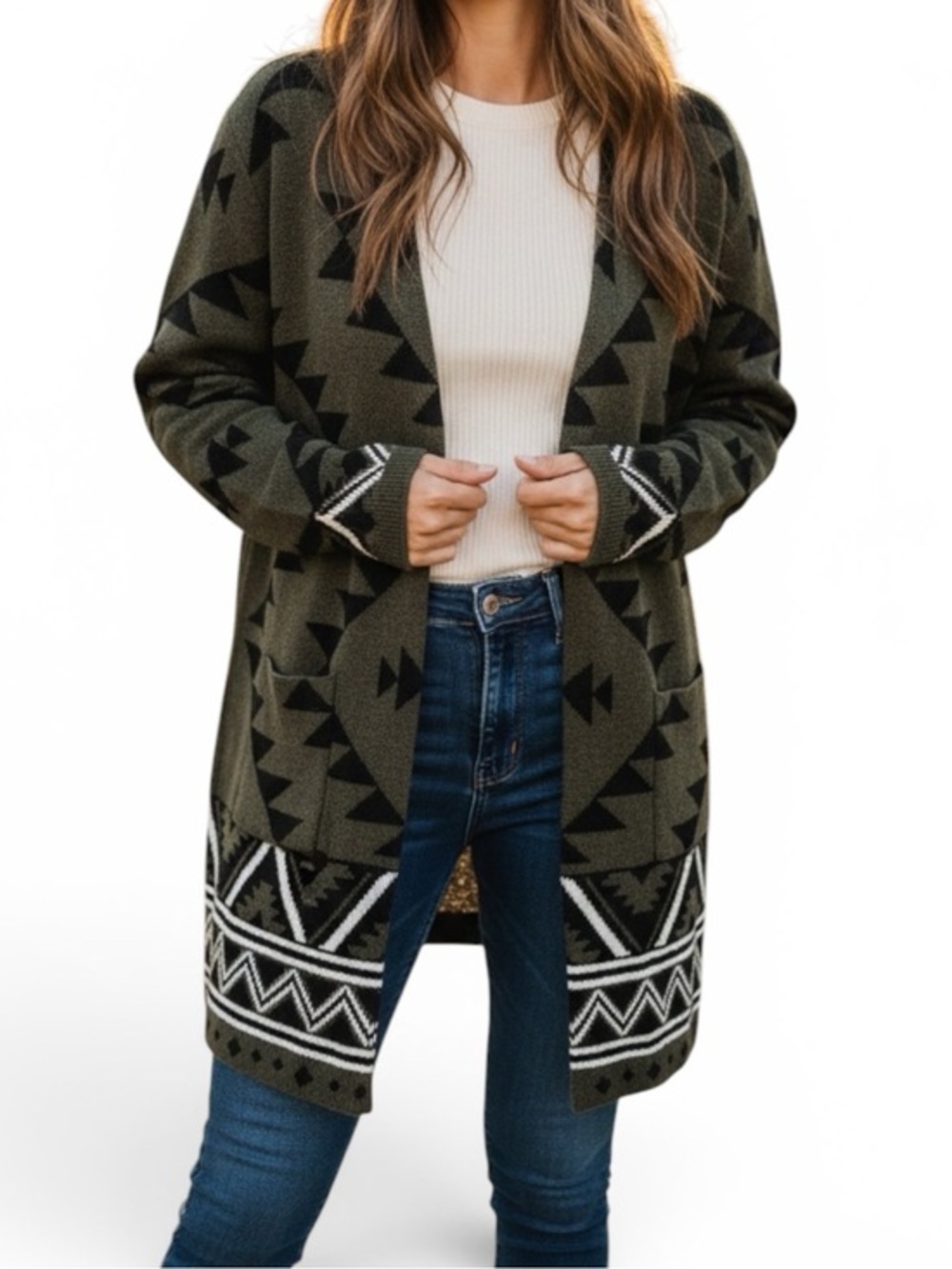 Frye Women’s open-front knit cardigan olive/army green/ black geometric patterns